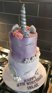 unicorn two tier cake - silver unicorn - edible silver cake - local to berwick cake maker